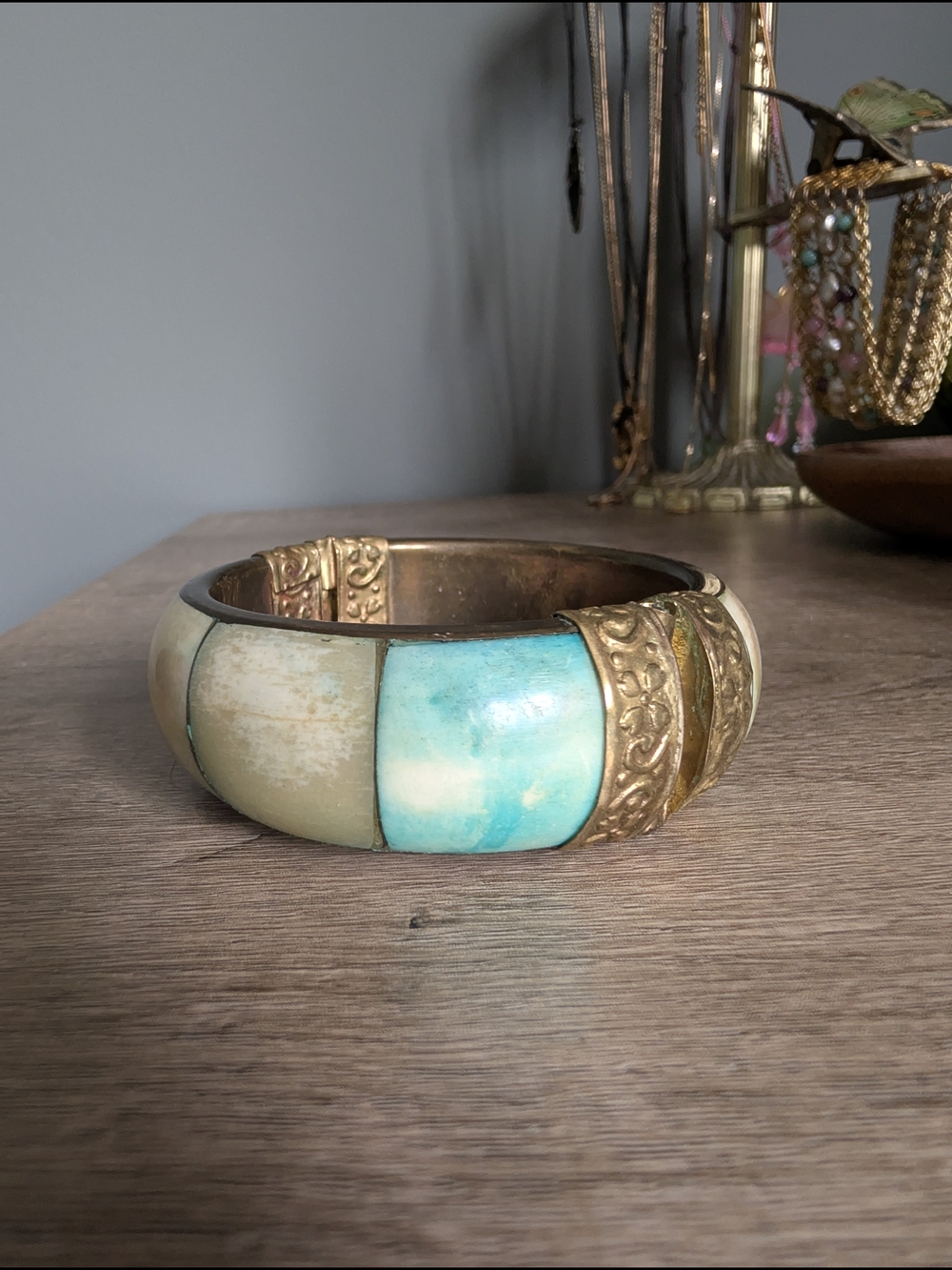 Vintage Gold-Tone Bangle with Turquoise and Cream Inlay